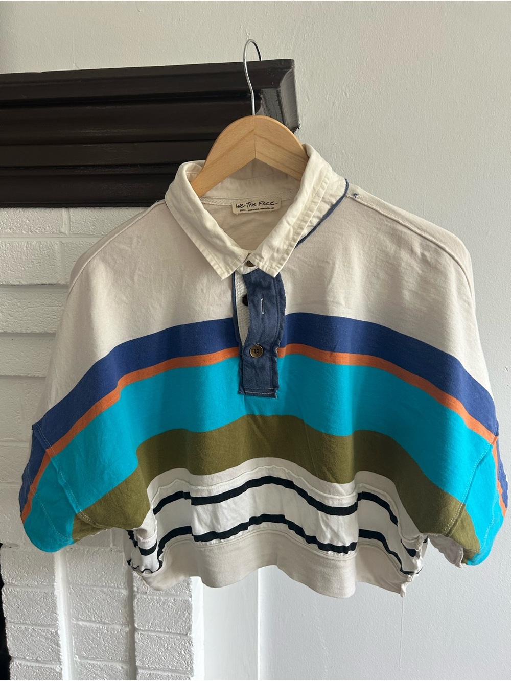 We The Free Cream Cropped Polo Tank with Blue and Teal Stripes